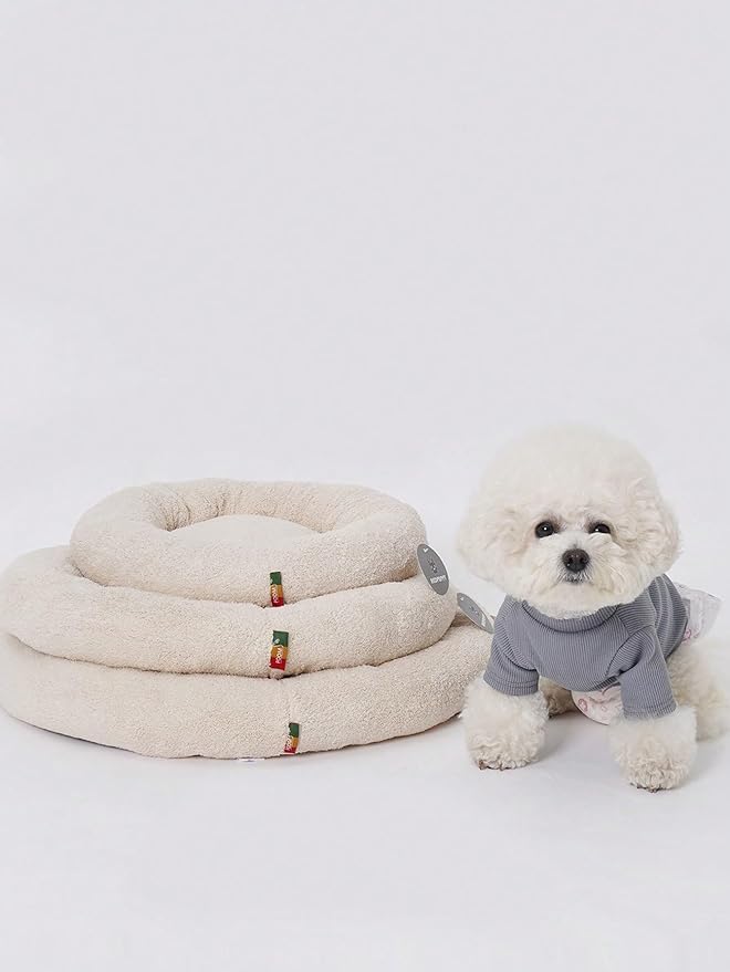 QWINEE Cat and Dog Cushion Bed Mat Plush Puppy Kitten Beds Round Bed Anti-Slip Pet Sleeping Bed for Small Medium Dog Cat Kitten Beige S