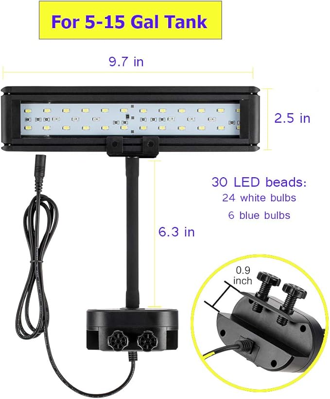 hygger 9.7 Inches Blue White LED Aquarium Light Clip on Small Led Light for Planted Saltwater Freshwater Fish Tank with Gooseneck Clamp 13W