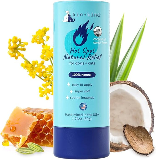 kin+kind Hot Spot Treatment for Dogs & Cats- Itch Relief, Skin Soother and Healing Balm - Coconut Oil, Beeswax, Sweet Fennel Oil - All Natural - Made in USA