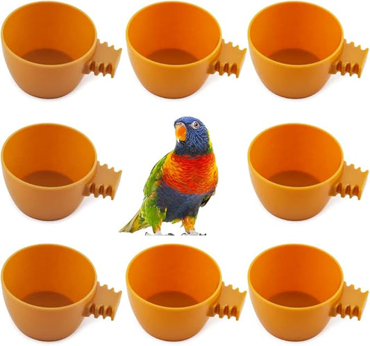 8 Pcs Small Bird Plastic Feeder Parrot Small Food Water Bowl Cage Sand Cup Feeding Holder (Yellow)