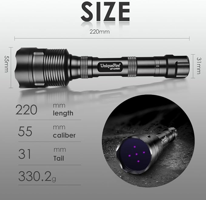 UniqueFire 365nm Black Light UV Flashlight with 5 LEDs Professional UV Light, 50W Powerful Blacklight Flashlight Rechargeable for Pet Urine Finding & Mineral, Antique Detection, Scorpion Search, etc