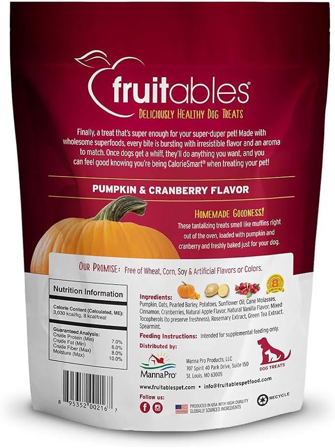 Fruitables Baked Dog Treats – Pumpkin Treats for Dogs – Healthy Low Calorie Treats – Free of Wheat, Corn and Soy – Pumpkin and Cranberry – 7 Ounces (Pack of 2)