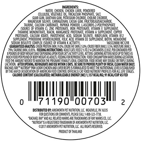 Rachael Ray Nutrish Natural Wet Cat Food with Added Vitamins, Minerals & Taurine, Paw Licken' Chicken & Liver Recipe, 2.8 Ounce Cup (Pack of 24), Grain Free