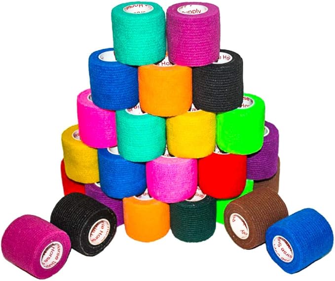 2 Inch Vet Wrap Tape Bulk (Assorted Colors) (Pack of 12) Self Adhesive Adherent Adhering Flex Bandage Grip Roll for Dog Cat Pet Horse