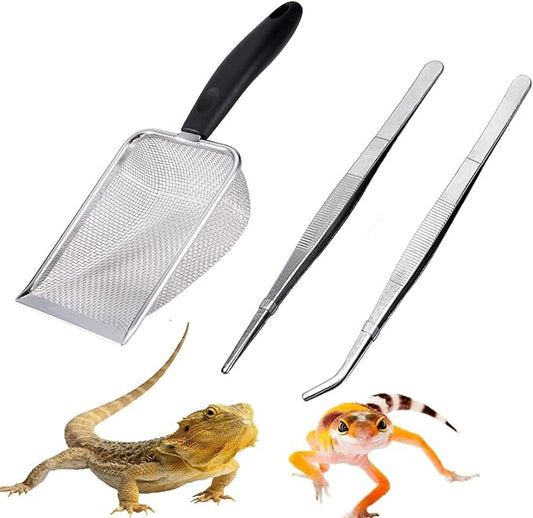 Reptile Sand Substrate Scoop Reptile Sand Fine Mesh Reptile Scooper Stainless Steel Terrarium Substrate Sand Bedding Litter Cleaner Scoop and Reptile Long Feeding Tongs Set (Black-2mm)