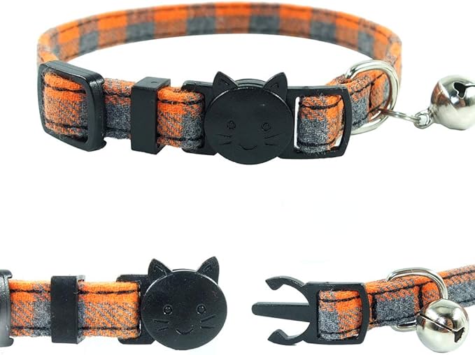 Cat Collar Breakaway with Bell and Bow Tie, Plaid Design Adjustable Safety Kitty Kitten Collars Set of 2 PCS (6.8-10.8in) (Green&Orange Plaid)