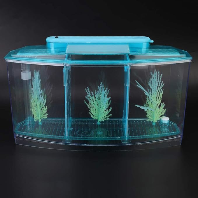 Aquarium Fish , Three Divisions Breeding Isolation Mini Aquarium komplettset LED Acrylic Box for Small Fishes() (Blue)