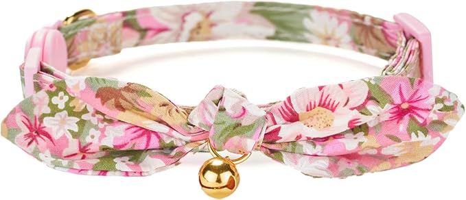 Cotton Bowtie Cat Collar with Bell 2 Pack Stylish Floral Breakaway Kitten Collars with Removeable Knot Bow,Blue & Pink