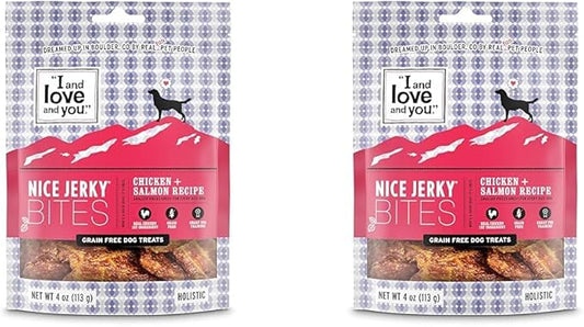 I AND LOVE AND YOU Nice Jerky Bites - Chicken + Salmon - Grain Free, Real Beef, Training Treat, Chewy Dog Treats, Filler Free, 4oz (Pack of 2)