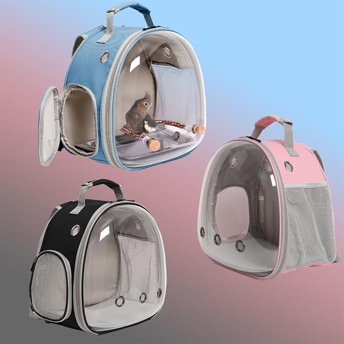 Bird Carrier Travel Backpack Cage, Space Capsule Clear Bubble Bird Carry Backpack, Includes Stainless Steel Tray and Standing Perch (Blue, Medium)