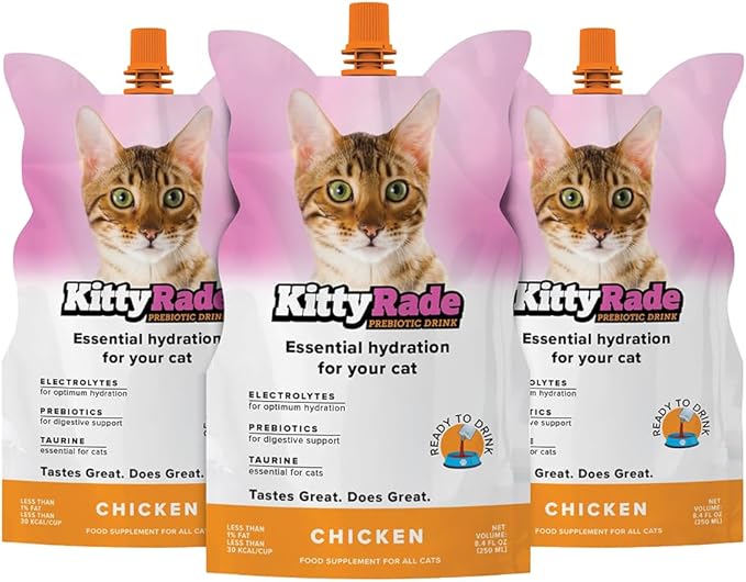 KittyRade – Delicious, Healthy Prebiotic, Isotonic Drink for Cats, Electrolytes | Reliable Hydration Drink for Cats & Low Calorie | Cat Health Supplement | Resealable Packs | KittyRade (250ml x 3)