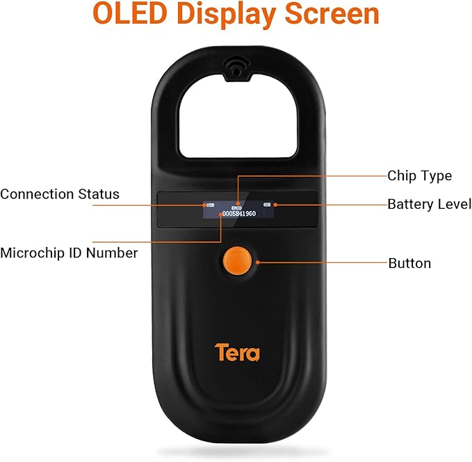 Tera Pet Microchip Reader Scanner with D-Ring RFID Portable Animal Chip ID Scanner with OLED Display Screen Rechargeable Data Storage Tag Scanner EMID FDX-B(ISO11784/85) for Dogs Cat Animal Management