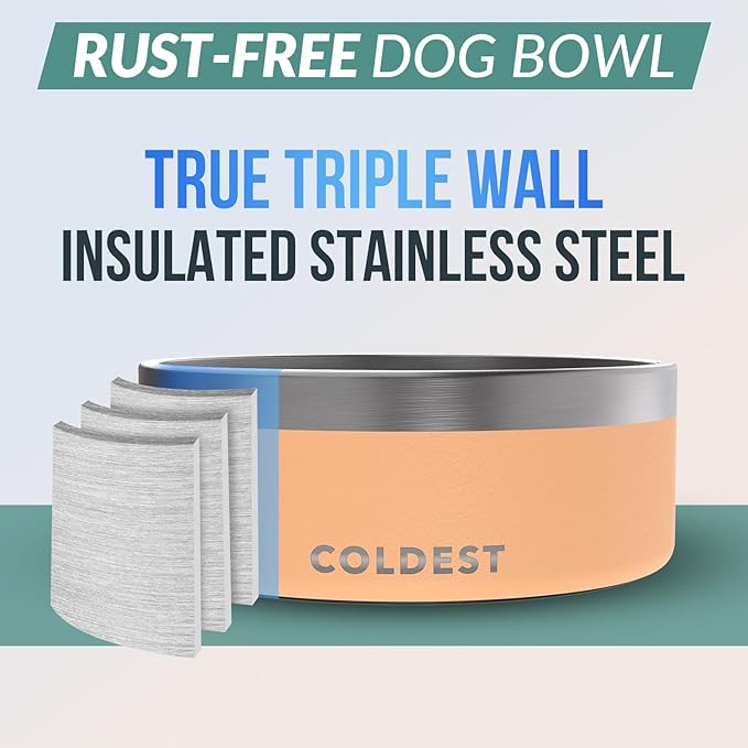 Coldest Dog Bowl - Anti Rust Metal & Non Slip Dog Bowls Large, Spill Proof Heavy Duty 3 Layers Insulated Dog Bowl - Food and Water Bowl for Dogs, Cats & Pets, Dishwasher Safe (64 oz, Sahara Peach)