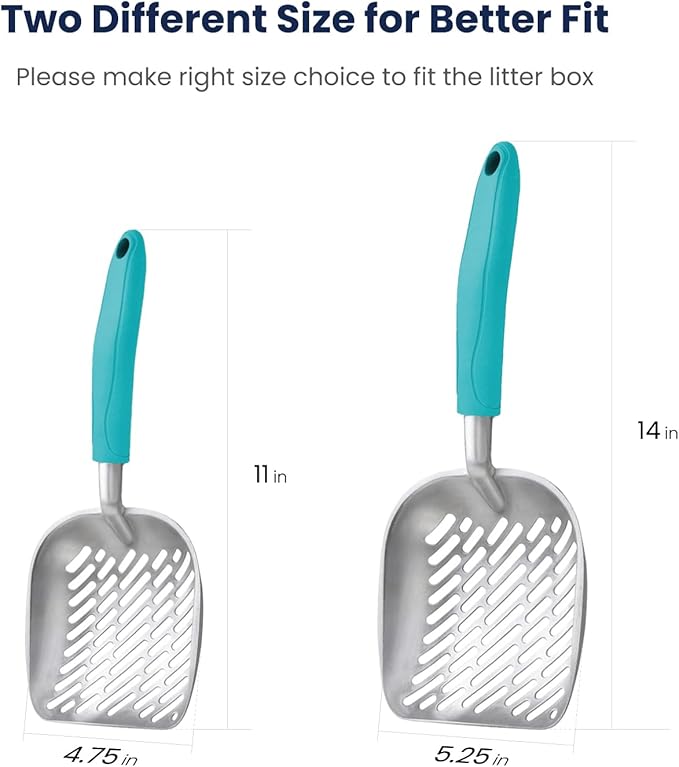 WePet Cat Litter Scoop, Aluminum Alloy Sifter, Kitty Metal Scooper, Deep Shovel with Diagonal Sifting Hole, Long Handle, Kitten Poop Lifter for Litter Box, Medium Size, Turkish Blue Handle