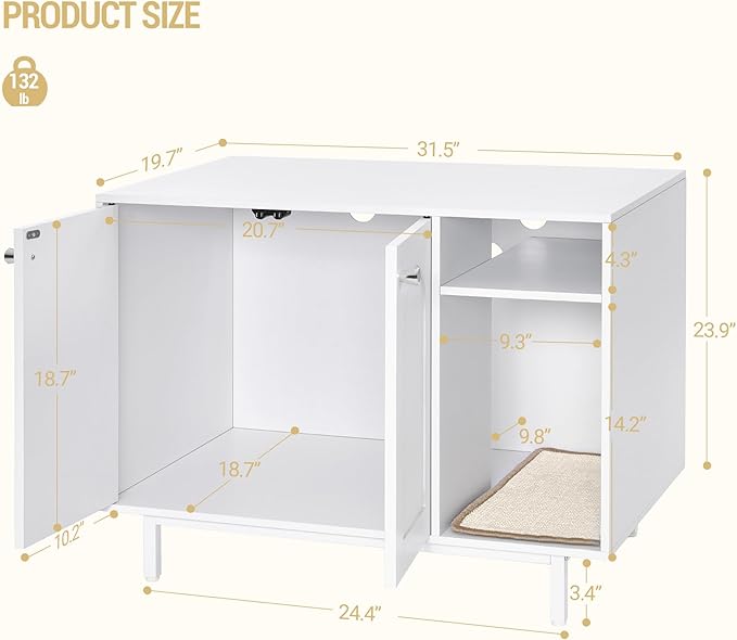 Cat Litter Box Enclosure, Hidden Litter Box Furniture, Wooden Pet House Side End Table, Storage Cabinet Bench for Living Room, Bedroom, 31.5 x 19.7 x 23.9 inches, White CB01513W