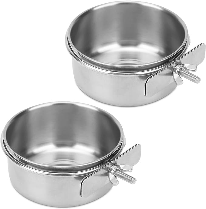 2pcs VVNIAA Stainless Steel Bird bowls, Durable Bird Water Bowl, Bird Feeding Cups, Chinchilla Food Bowl, Bird Dishes for Cage, Bird Cage Feeders and Waterers, Bird Food Bowl, Bird Bowls with Clamp.