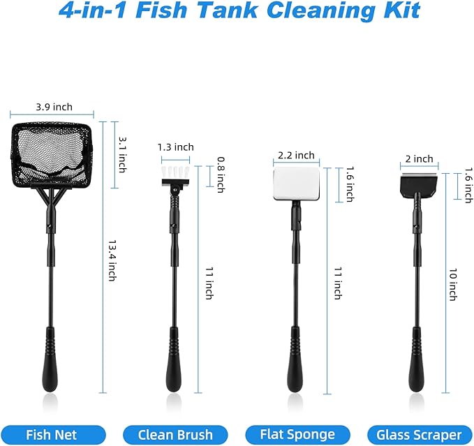 hygger Small Fish Tank Cleaner, Aquarium Cleaning Tools Kit with Handle, Seaweed Scraper, Fishing Net, Sponge Brush,Wall Brush (S)