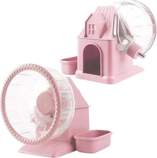 Silent Hamster Wheel Multifunctional Hamster Wheel Quite Running Spinner Wheel Accessories with Food Bowl Water Bottle for Hamsters Dwarf Gerbil (Pink)