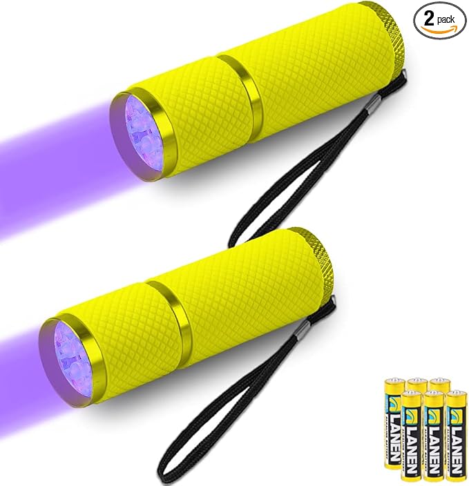 2 Pack 9 LED UV Flashlight - Black Light Torch with 6 AAA Batteries Included - Portable Ultraviolet Light for Leak Detection, Pet Urine Stains, Fluorescent Material Inspection & More(Yellow)