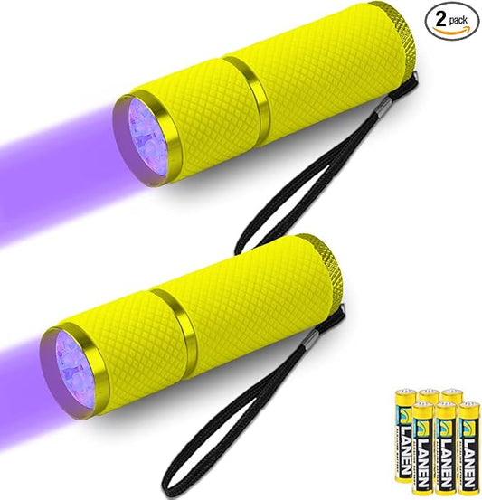2 Pack 9 LED UV Flashlight - Black Light Torch with 6 AAA Batteries Included - Portable Ultraviolet Light for Leak Detection, Pet Urine Stains, Fluorescent Material Inspection & More(Yellow)