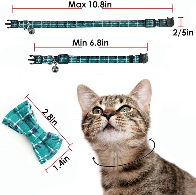 Cat Collar Breakaway with Bell and Bow Tie, Plaid Design Adjustable Safety Kitty Kitten Collars(6.8-10.8in) (Cyan-Blue)