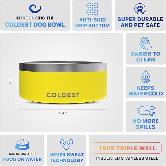 Coldest Dog Bowl - Anti Rust Metal & Non Slip Dog Bowls Large, Spill Proof Heavy Duty 3 Layers Insulated Dog Bowl - Food and Water Bowl for Dogs, Cats & Pets, Dishwasher Safe (100 oz, Solar Yellow)