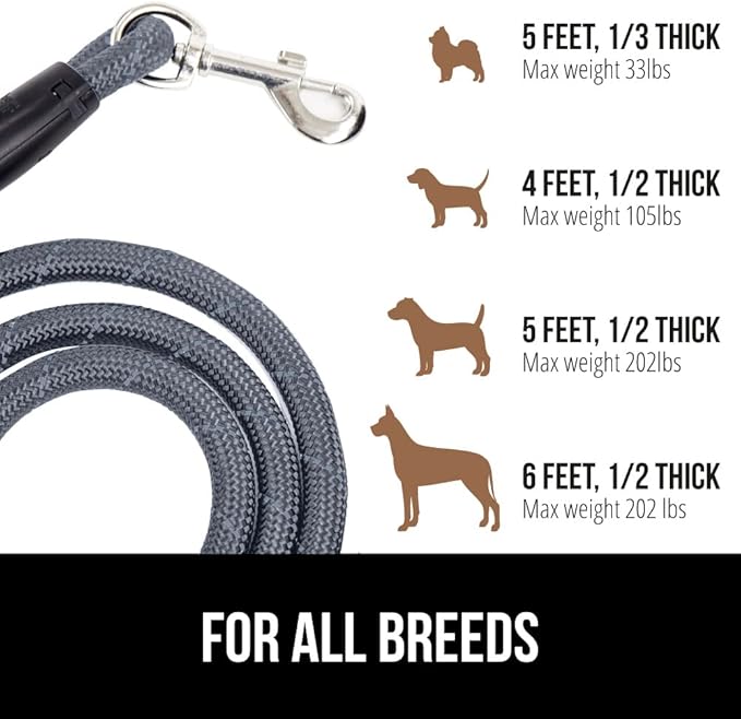 Gorilla Grip Heavy Duty Dog Leash, Soft Handle, Strong Reflective Rope for Night Pet Walking, Small Medium Large Animals, Durable Puppy Training Leashes, Rotating Metal Clip, Waste Bag Dispenser, Gray