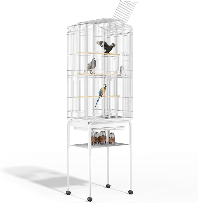 MoNiBloom 61 Inch Bird Cage with Detachable Rolling Stand, Large Flight Cage with Side-Out Tray for Parakeets Canaries Cockatiels Lovebirds Conures, White