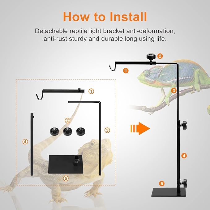 Simple Deluxe Reptile Lamp Fixture Dual Dome Light Double Sockets Bulbs Holder with Independent Switches and 22"-35" Adjustable Metal Floor Lamp-Holder, for Amphibians Terrarium, Turtle Tank