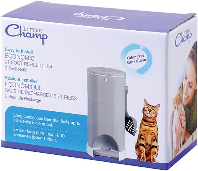 Litter Champ 3-Pack Refill (1 Box) and Litter Champ Premium Odor-Free Plastic Cat Litter Disposal System, 4 Gallon, Gray