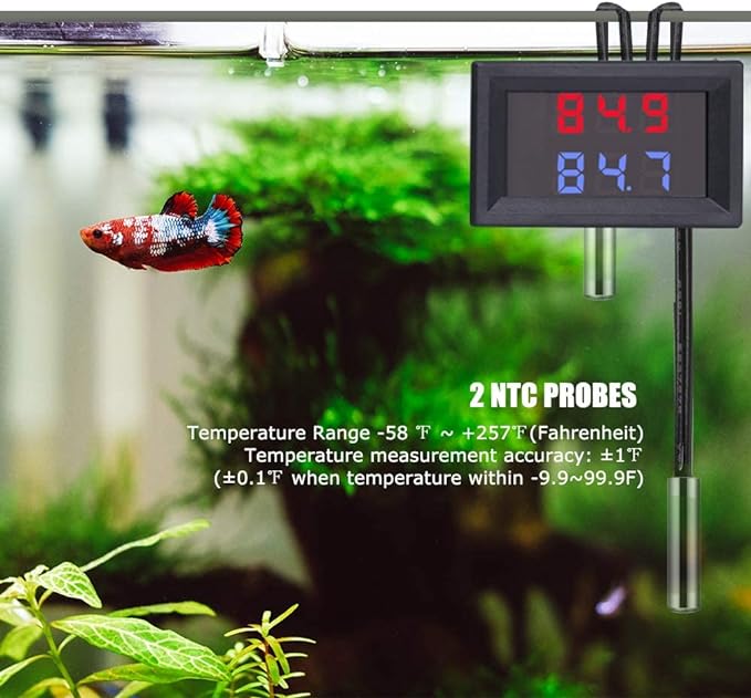 Icstation Digital Thermometer, Car Auto Temperature Gauge Sensor, DC 4-28V Fahrenheit Dual Display, Monitor with 2 NTC Waterproof Probes for Aquarium Vehicle Fish Tank