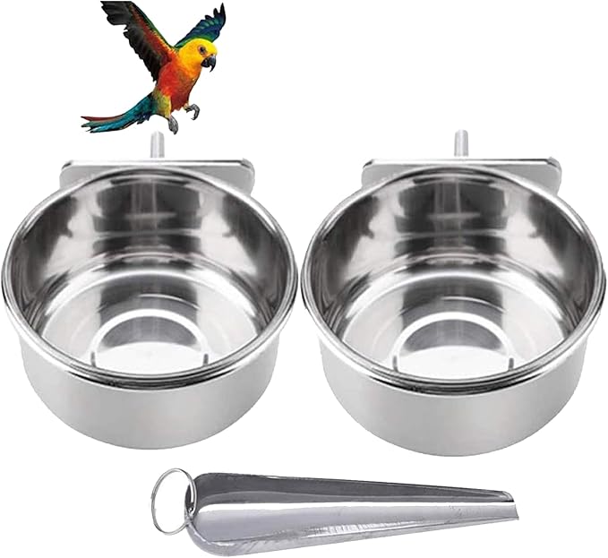 Parrot Feeding Bowls, Bird Cage Cups Holder - Stainless Steel Food and Water Dish, Bird Feeders with Clamp for Parakeet African Greys Conure Cockatiels Lovebird Budgie Chinchilla