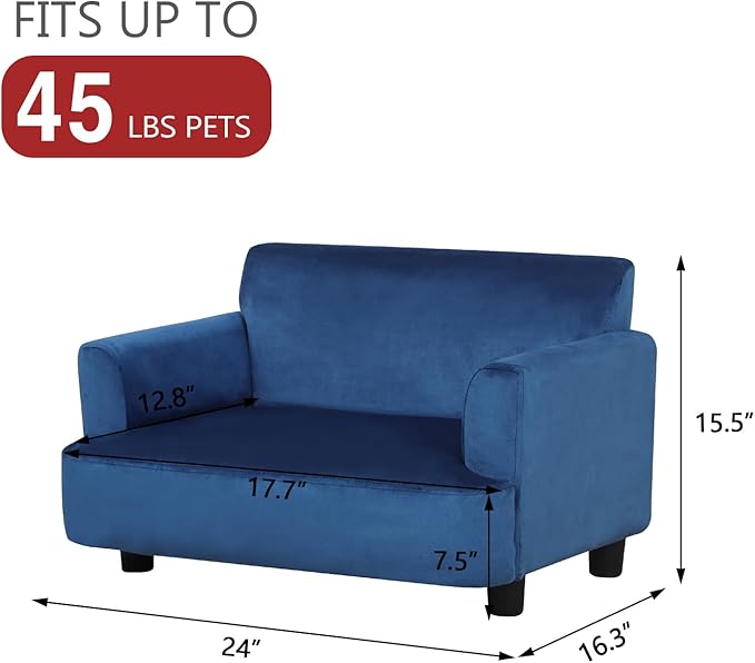 Dog Sofas and Chairs for Small Pet, Pet Sofa Bed with Wooden Frame and Velvet Fabric, Upholstered Dog Bed,Cat Sofa Chair for 45 Pounds Small Animal Using,Blue