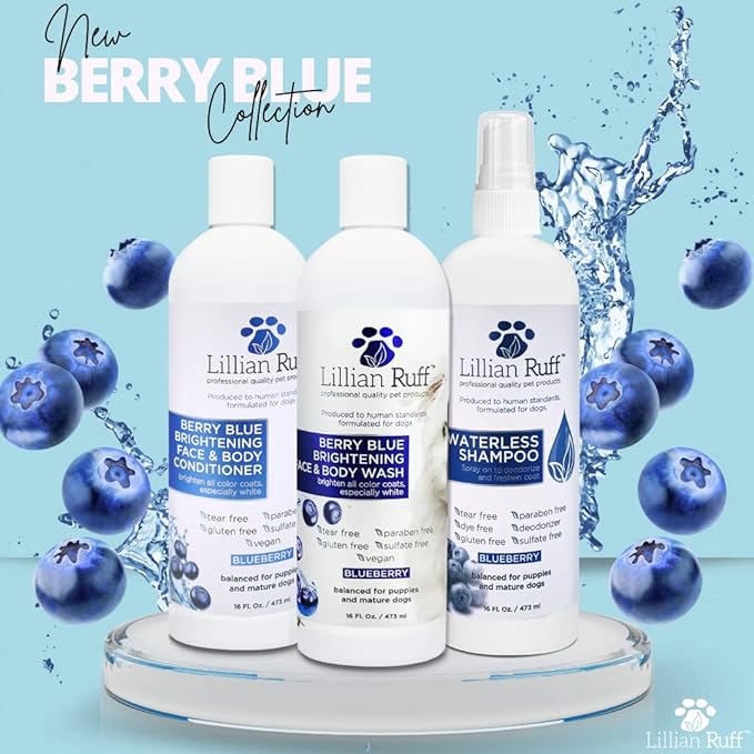 Lillian Ruff Berry Blue Brightening Face and Body Wash for Dogs - Blueberry Shampoo - Remove Tear Stains, Hydrate Dry Itchy Skin, Add Shine & Luster to Coats (Berry Blue Shampoo 16oz)