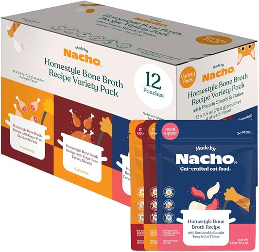 Made by Nacho Wet Cat Food Homestyle Bone Broth Variety Pack Hydrating Food Topper, Chicken (x4), Turkey (x4), and Tuna and Cod Flakes (x4) Limited Ingredients, 2.5oz (12 pouches)