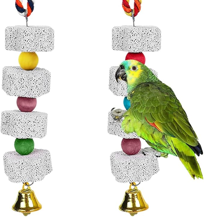 MiOYOOW 2PCS Parrot Chewing Toys, Bird Beak Grinding Calcium Stones Hanging Bird Cage Accessories with Bells for Small pets Parakeet Hamster Chinchilla Lovebird Cockatiel