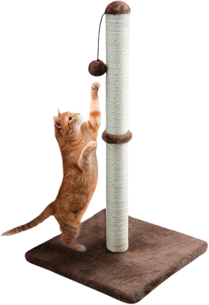 Tall Cat Scratching Post 34” Basic Vertical Scratcher for Indoor Cats and Kittens, Cat Scratch with Sturdy Sisal Rope and Hanging Ball, Large Heavy Plush Base (Dark Brown)
