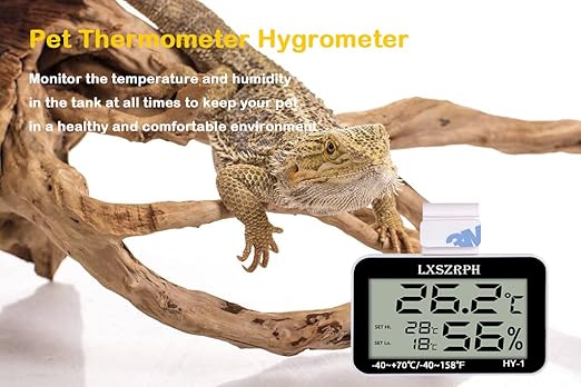 Reptile Thermometer Hygrometer with High Low Temperature Alarm Digital Temperature Humidity Meter Gauge with Hook for Reptile Tanks, Terrariums, Vivariums, Black 1Pack (1Pack)