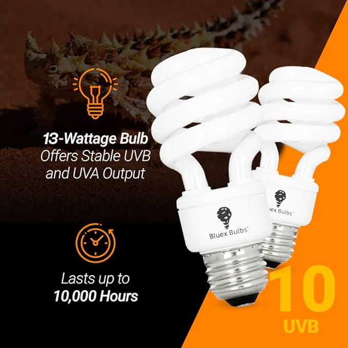 2 Pack 13-Watt Reptile Bulb Desert UVA UVB Light - 10.0 UVB Reptile Light - Compact Florescent Terrarium Bulb Suitable for Desert Reptiles Lizards Bearded Dragons Tortoises CFL UVB Bulb (13 Watt 10.0)