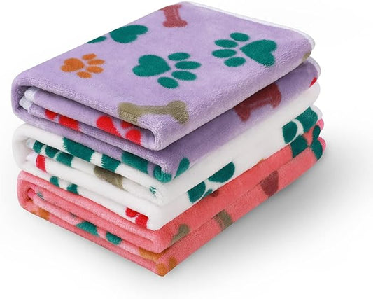 Luciphia 1 Pack 3 Blankets Fluffy Premium Fleece Pet Blanket Flannel Paw Bone Printed Throw for Dog Cat(Medium 30x20'', Purple/Pink/White)