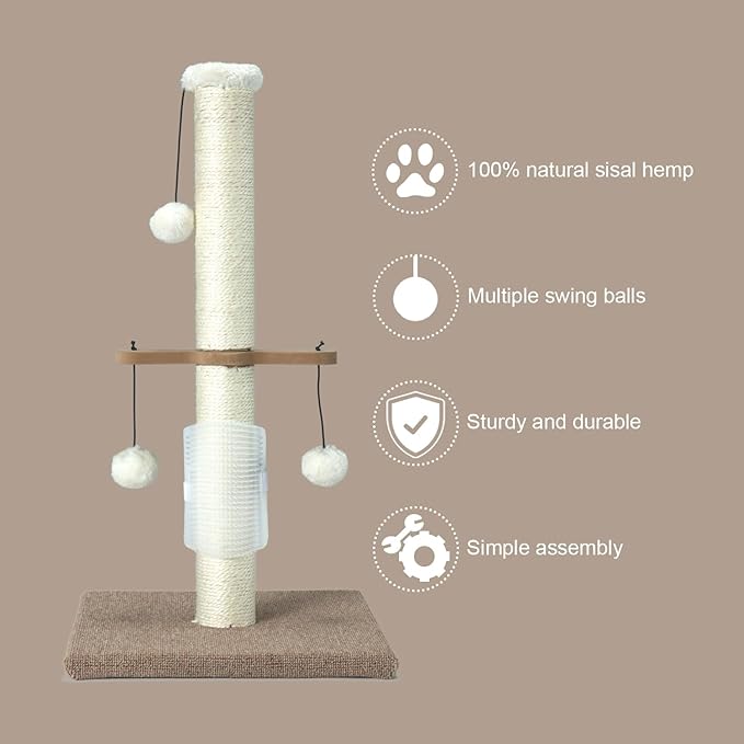 Cat Scratching Post Sisal Vertical Scratcher Posts for Indoor Cats and Kittens,Three Hanging Ball Toy and Self-Grooming Brush,26inches Cat Scratch Pole Beige