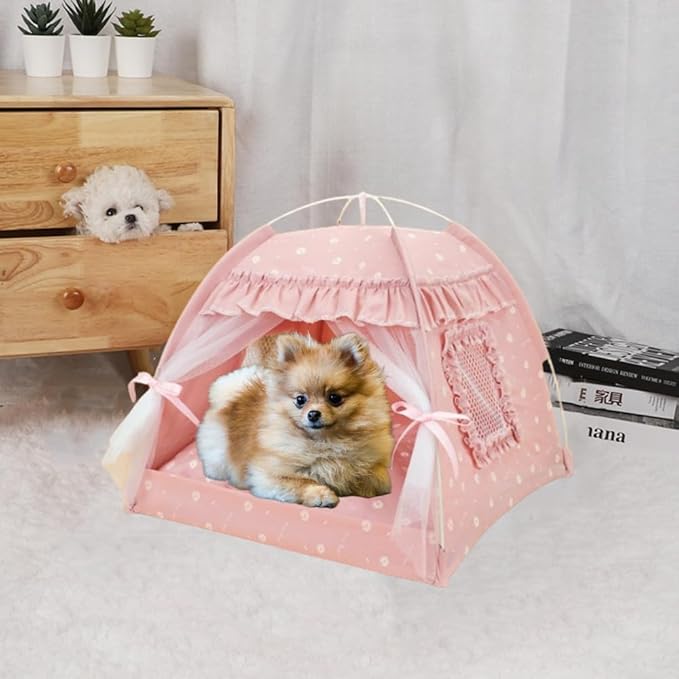 Cat Bed Tents Dog House Indoor Outdoor Lace Mesh Breathable Windows Door Curtains Removable Portable Nest Teepe House (Small,Pink(Ruffled Teim))