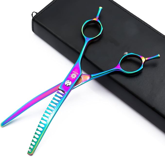 6.5"/8.0'' Professional Chunker Shear Twin Tail Downward Curved Pet Grooming Thinning/Blending Scissors Dog&cat Grooming Chunkers Shear (6.5 inches) Rainbow