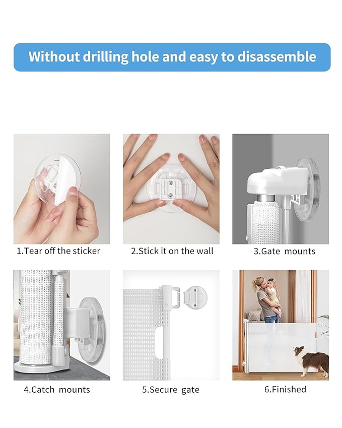Punch-Free Install Retractable Baby Gate, Mesh Baby Gate or Mesh Dog Gate,33" Tall,Extends up to 54" Wide,Child Safety Gate for Doorways, Stairs, Hallways, Indoor/Outdoor（White,33"x54"