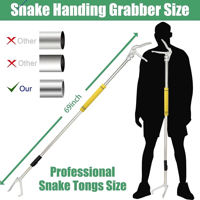 Snake Grabber Tool, Snake Catcher Grabber Tongs 69 Inch Reptile Tongs Adjustable Length Long Reach Grabber Stainless Steel Sponge Handle Rattle Snake Catcher Wide Jaw.(Yellow)