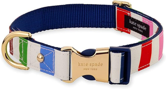 Kate Spade New York Cute Dog Collar, Gold Metal Buckle Dog Collar, 15.5" to 24" Adjustable Dog Collar for Female or Male Dogs, Stylish Dog Collar for Medium and Large Breeds (Adventure Stripe)