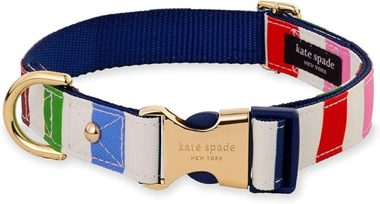 Kate Spade New York Cute Dog Collar, Gold Metal Buckle Dog Collar, 11.5" to 15" Adjustable Dog Collar for Female or Male Dogs, Stylish Dog Collar for Small and Medium Breeds (Adventure Stripe)