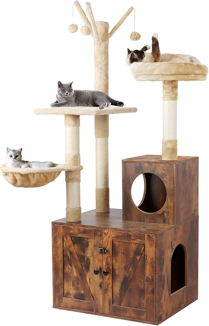 Litter Box Enclosure with Cat Tree, Wooden Cat House with Cat Tree Tower, Hidden Cat Litter Box Furniture with Scratching Post, Modern Cat Condo, Rustic Brown