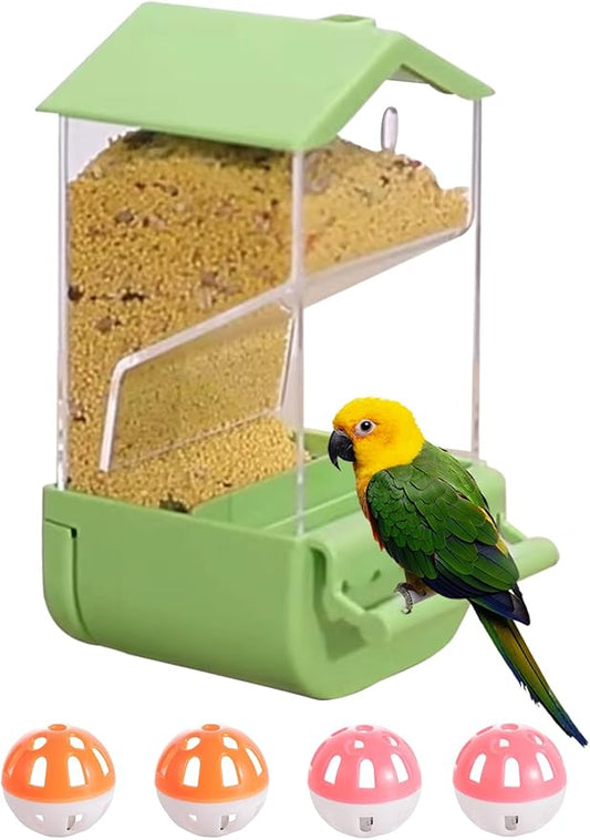 Automatic Bird Cage Feeder No Mess Parakeets Seed Food Container Acrylic Parrot Feeder Cage Accessories Transparent Small and Medium Lovebirds Canary Cockatiel Finch (Green)