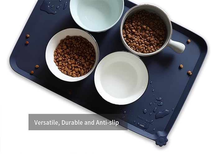 Hoki Found L Silicone Pet Food Mats Tray - Non slip Pet Dog Cat Bowl Mats Placemat - Dog Pet Cat Feeding Mat - Waterproof Dog Cat Food Mats -Pet Water Mats for Carpet -French Navy